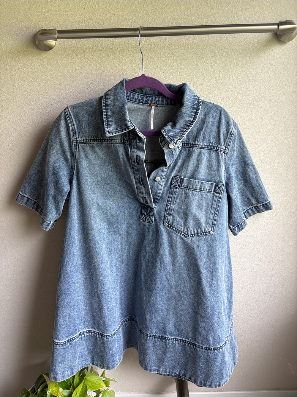 Free People Light Blue Denim Polo Top